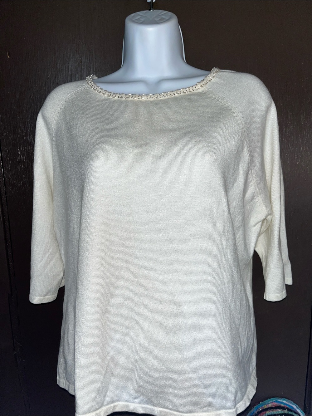 LIZ CLAIBORNE - Boatneck Sweater with Beaded Neckline and Quarter Sleeves (XL)